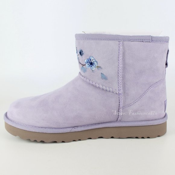 NEW UGG CLASSIC MINI Suede  Embroidered Floral Boots - Picture 8 of 14